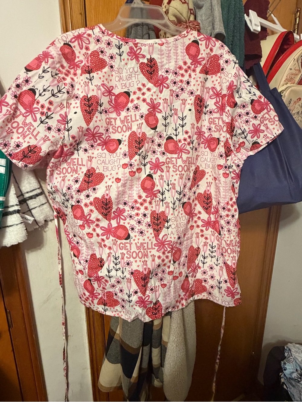 just be Pink and Red Floral 'Get Well Soon' Button-Front Short Sleeve Scrub Top